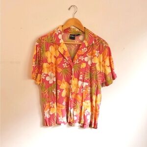 Vintage pink Erika Button Down tropical print vintage summer shirt